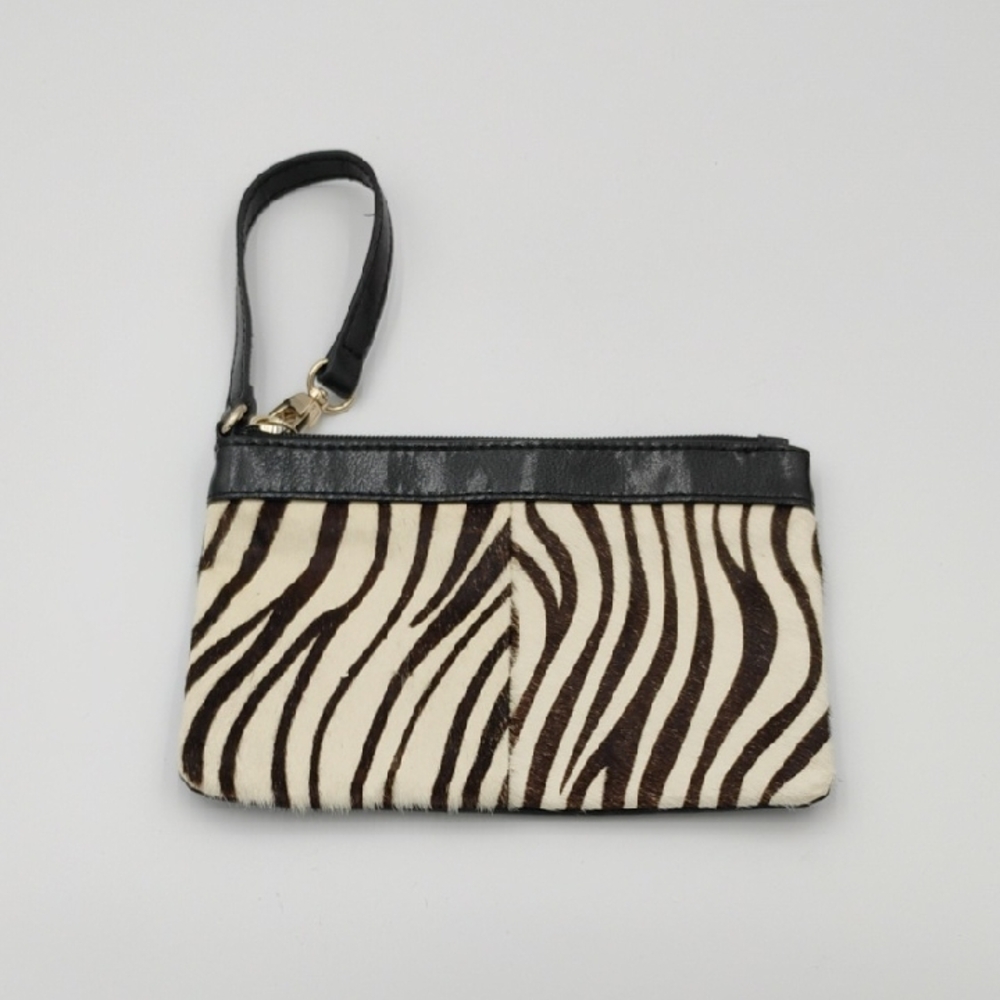 Aqua Madonna Zebra Pattern Cow Hide Wristlet with Black Trim